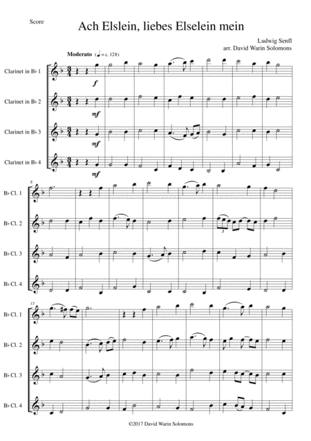 Free Sheet Music Ach Elslein Liebes Elselein Mein For Clarinet Quartet 4 B Flats