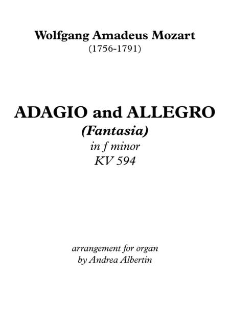 Adagio And Allegro Fantasia Kv 594 Arrangement For Organ Sheet Music