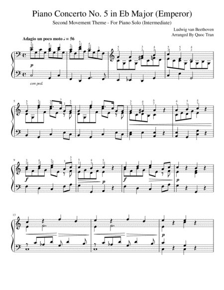 Free Sheet Music Adagio From Beethovens Emperor Concerto For Piano Solo Intermediate