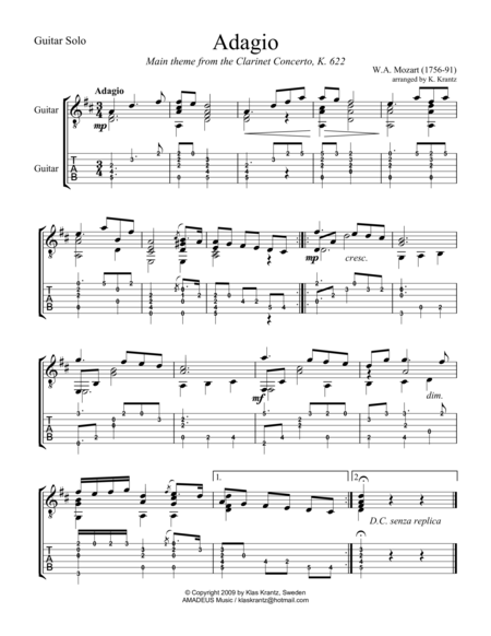 Free Sheet Music Adagio From Cl Concerto For Easy Guitar Solo Tab