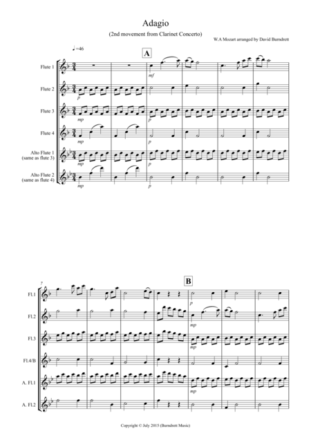 Free Sheet Music Adagio From Mozarts Clarinet Concerto For Flute Quartet