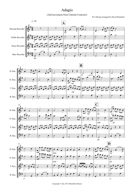 Adagio From Mozarts Clarinet Concerto For Recorder Quartet Sheet Music