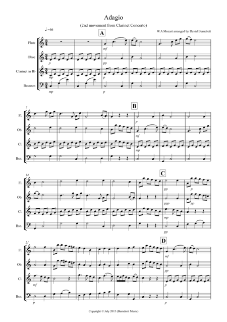 Adagio From Mozarts Clarinet Concerto For Wind Quartet Sheet Music