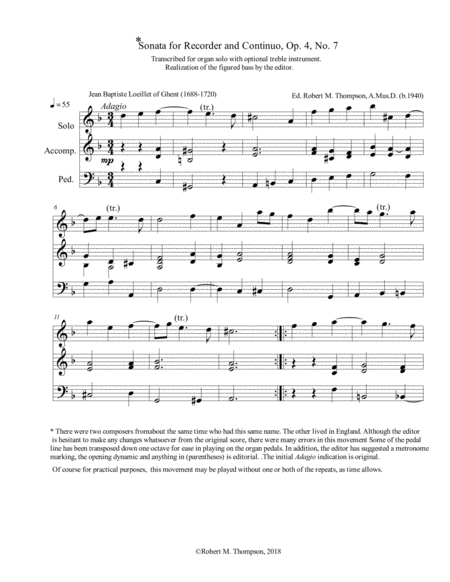 Adagio From Op 4 No 7 Recorder Sonata Arranged For Organ Solo Sheet Music