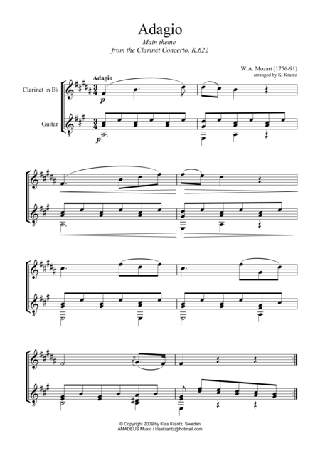 Adagio From The Clarinet Concerto Theme For Clarinet And Guitar Sheet Music