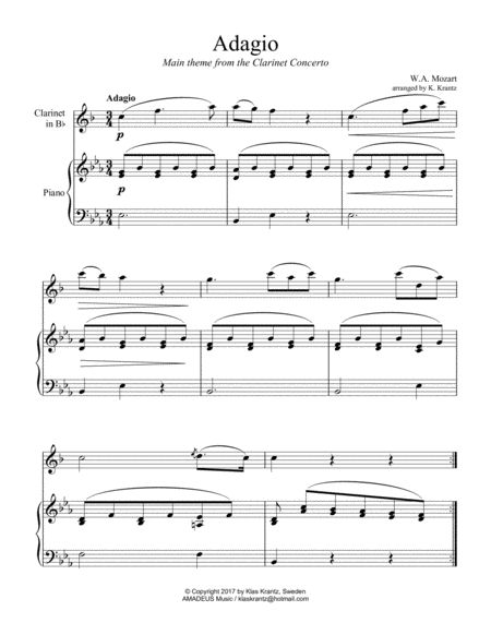 Adagio From The Clarinet Concerto Theme For Clarinet In Bb And Easy Piano Sheet Music