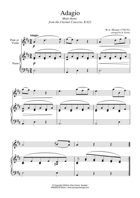 Adagio From The Clarinet Concerto Theme For Flute Or Violin And Easy Piano Sheet Music