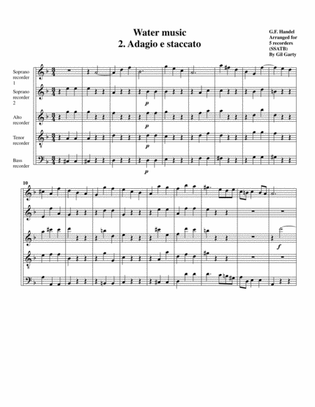 Adagio From Water Music Arrangement For 5 Recorders Sheet Music