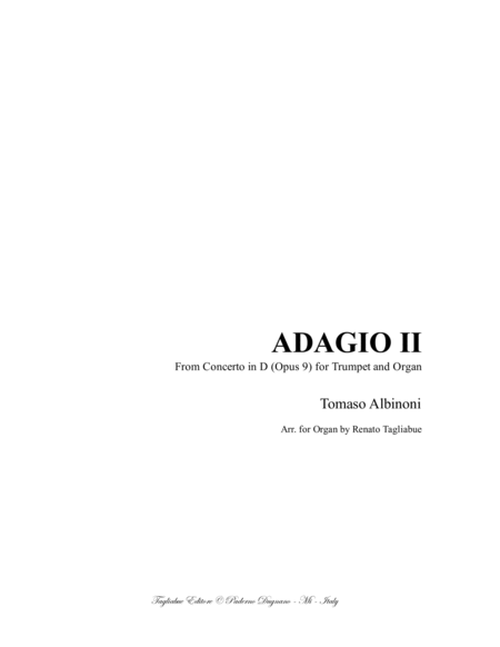 Adagio Ii Albinoni From Concerto In D Opus 9 Arr For Organ 3 Staff Sheet Music