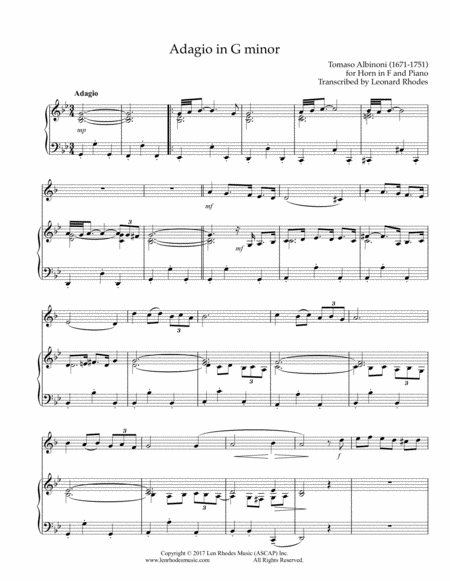 Free Sheet Music Adagio In G Minor Tomaso Albinoni Transcribed For French Horn And Piano