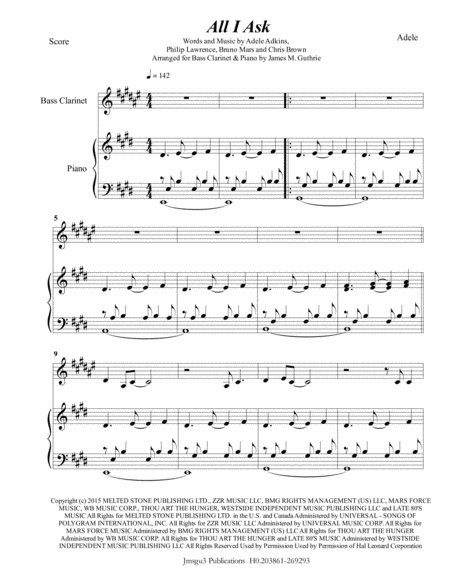 Adele All I Ask For Bass Clarinet Piano Sheet Music