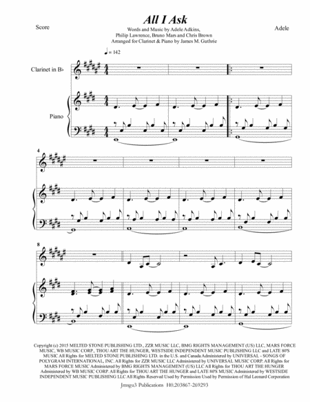 Adele All I Ask For Clarinet Piano Sheet Music