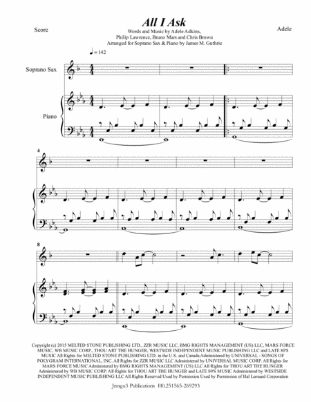 Adele All I Ask For Soprano Sax Piano Sheet Music