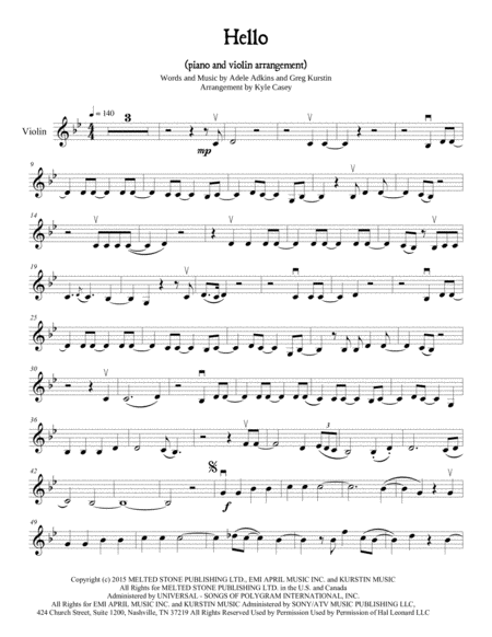 Adele Hello For Violin And Piano Sheet Music