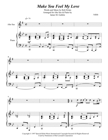 Adele Make You Feel My Love For Alto Sax Piano Sheet Music