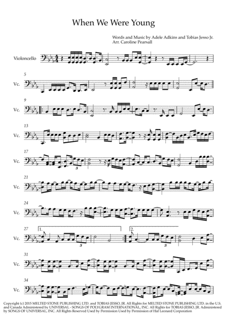 Adele When We Were Young Solo Cello Sheet Music