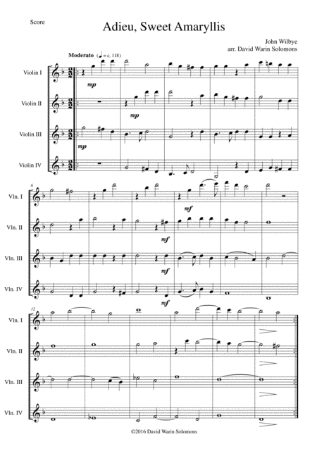 Free Sheet Music Adieu Sweet Amaryllis For Violin Quartet