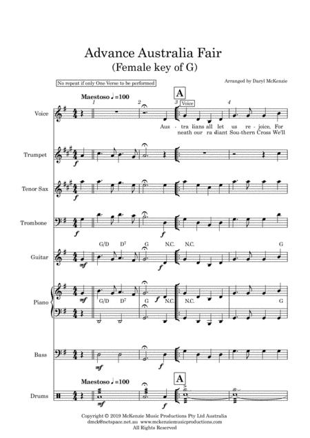 Advance Australia Fair Australian National Anthem 2 Verses Vocal Or Instrumental 3 Horns Rhythm Section Key Of G Sheet Music