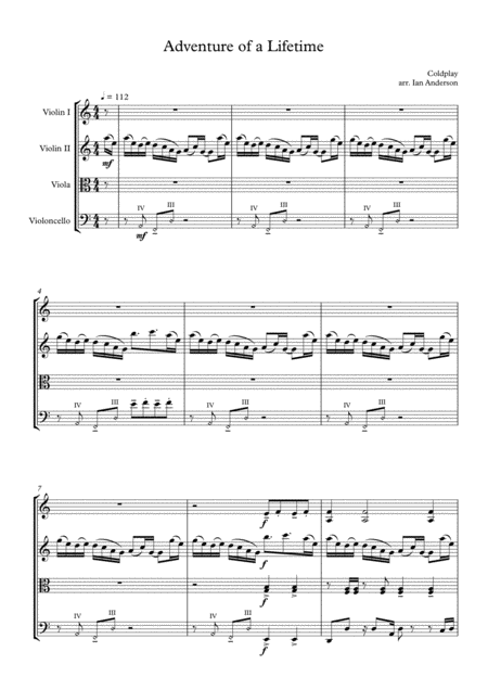 Adventure Of A Lifetime String Quartet Sheet Music