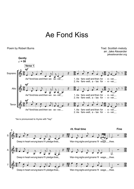 Free Sheet Music Ae Fond Kiss Sat