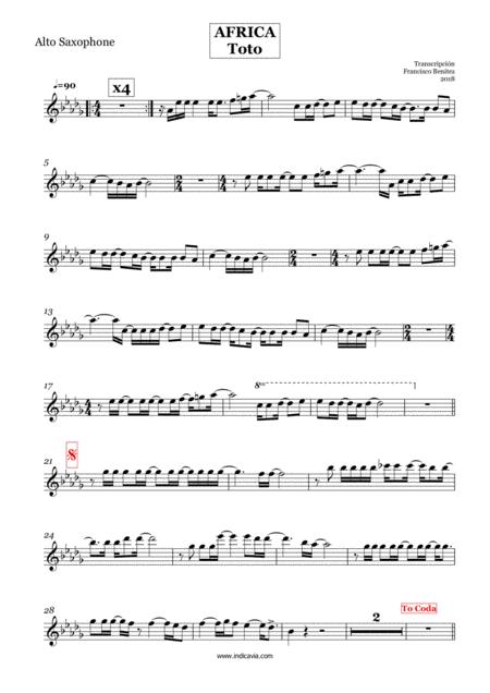 Free Sheet Music Africa By Toto Alto Sax Melody Includes Keyboard Solo