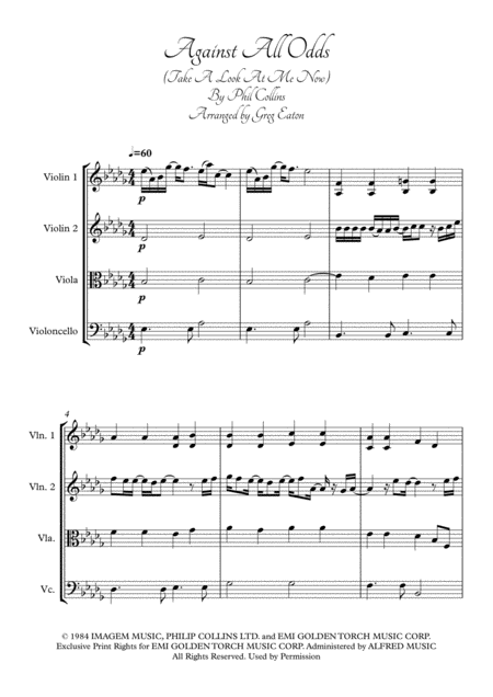 Against All Odds Take A Look At Me Now Phil Collins Arranged For String Quartet By Greg Eaton Score And Parts Perfect For Gigging Quartets Includes Bo Sheet Music