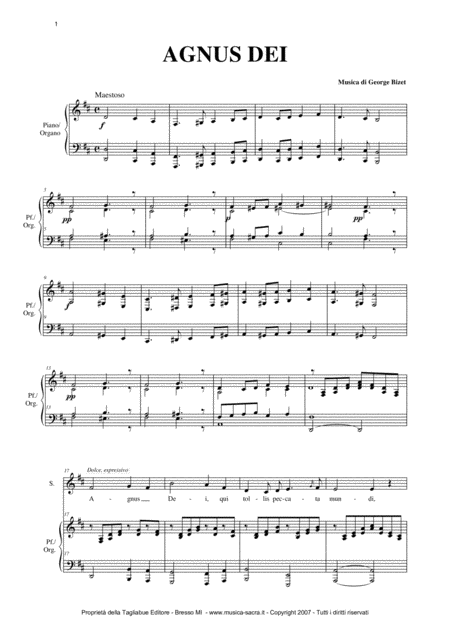 Agnus Dei G Bizet Arr For Alto And Organ Piano Sheet Music