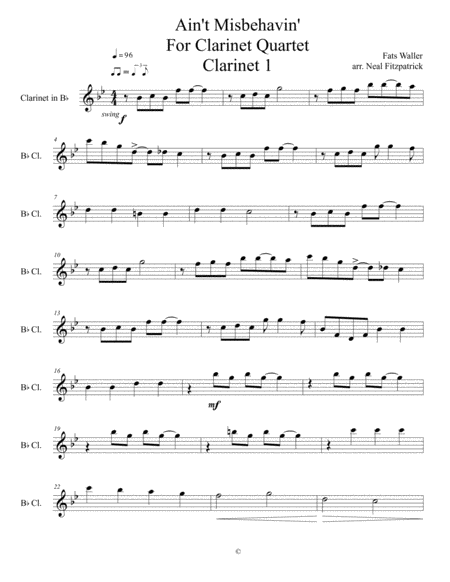 Free Sheet Music Aint Misbehavin For Clarinet Quartet Clarinet 1