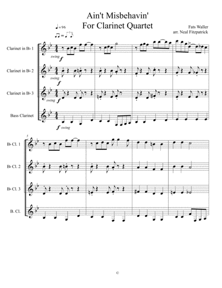 Free Sheet Music Aint Misbehavin For Clarinet Quartet