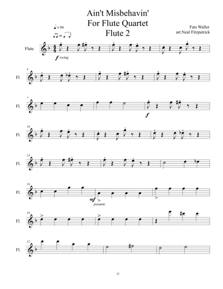 Free Sheet Music Aint Misbehavin For Flute Quartet Flute 2