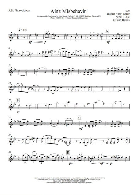 Free Sheet Music Aint Misbehavin Sax Quartet Arrangement