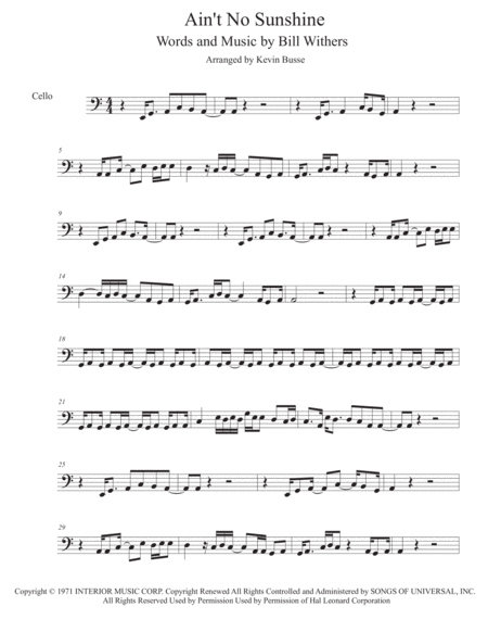 Aint No Sunshine Easy Key Of C Cello Sheet Music