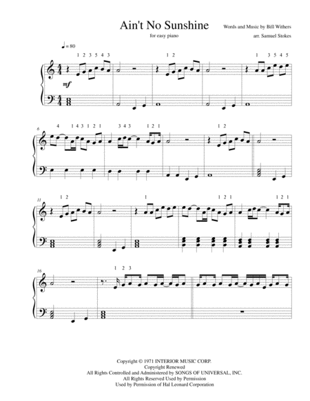 Free Sheet Music Aint No Sunshine For Easy Piano