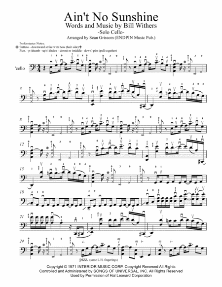 Aint No Sunshine For Solo Cello Sheet Music