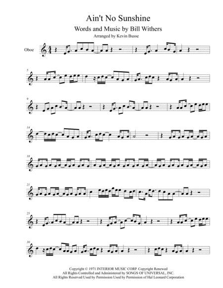 Aint No Sunshine Original Key Oboe Sheet Music