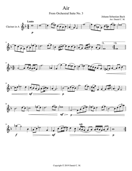 Free Sheet Music Air For A Clarinet And Piano Simplified