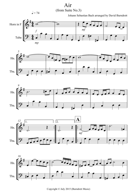 Free Sheet Music Air On A G String For French Horn And Tuba Duet