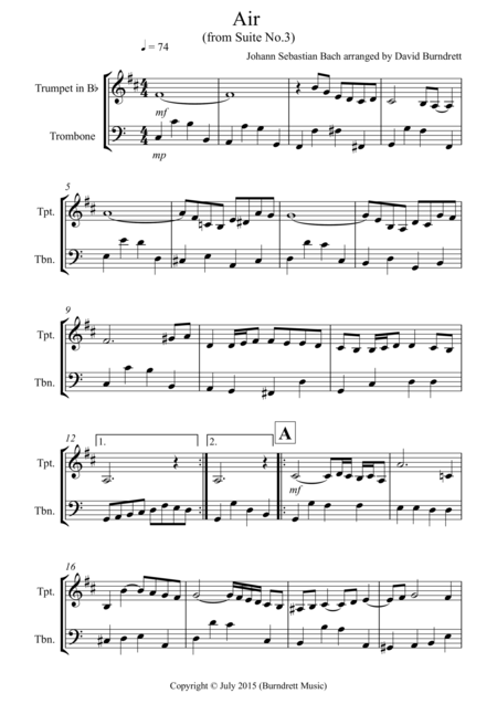 Air On A G String For Trumpet And Trombone Duet Sheet Music