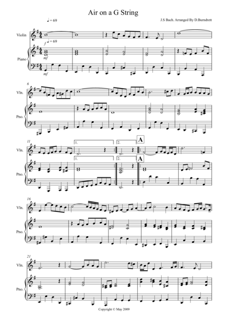 Free Sheet Music Air On A G String For Violin And Piano