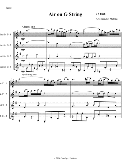 Free Sheet Music Air On G String For Clarinet Quartet