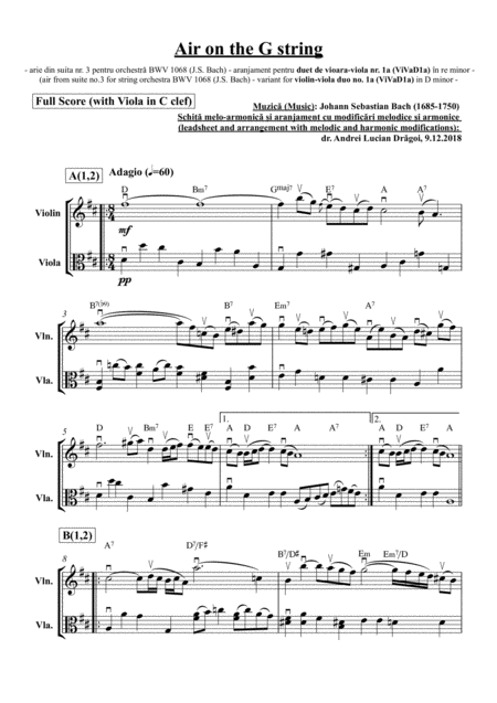 Free Sheet Music Air On The G String Air From Suite No 3 For String Orchestra Bwv 1068 Js Bach Variant For Violin Viola Duo No 1a Vivad1a In D Major