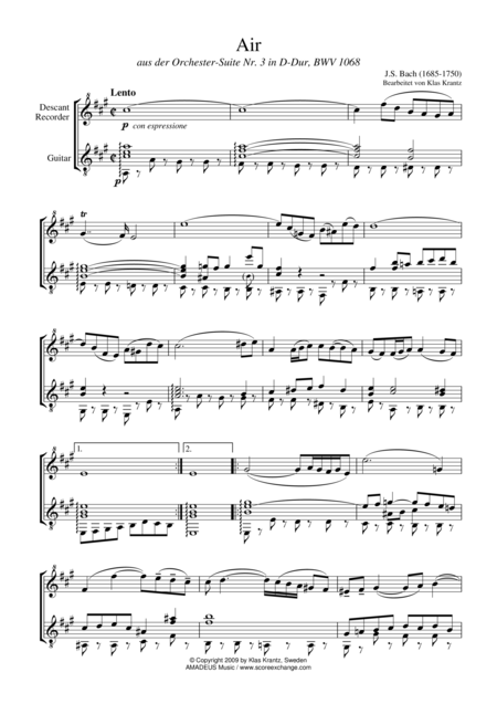 Free Sheet Music Air On The G String For Descant Recorder And Guitar