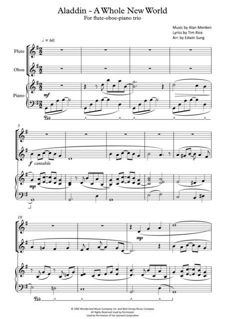 Free Sheet Music Aladdin A Whole New World For Flute Oboe Piano Trio Including Part Scores