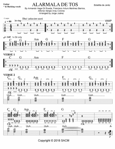 Alarmala De Tos Guitar Tab Backing Vocals Sheet Music