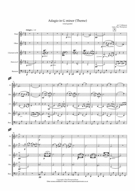 Albinoni Adagio In G Minor Theme Wind Quintet Sheet Music