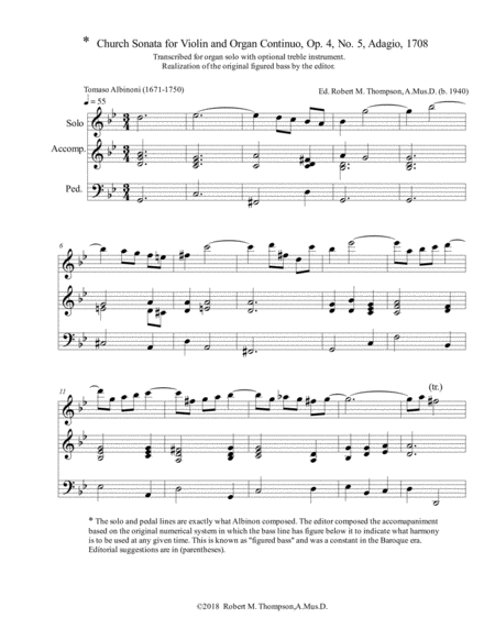 Albinoni Church Sonata Slow Movement Organ And Optional Instrument Sheet Music