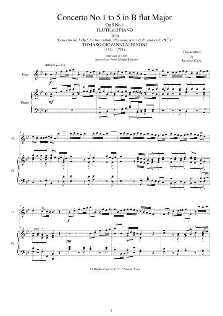 Albinoni Concerto No 1 To 5 In B Flat Major Op 5 For Flute And Piano Sheet Music