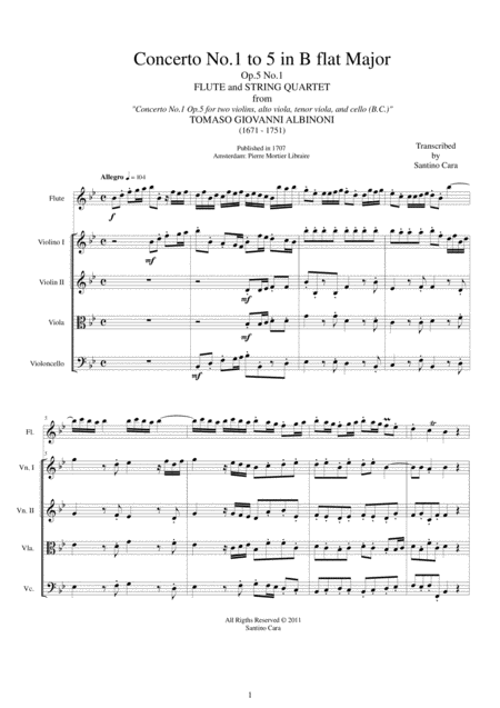 Free Sheet Music Albinoni Concerto No 1 To 5 Op 5 In B Flat Major For Flute And String Quartet
