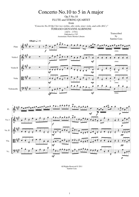 Free Sheet Music Albinoni Concerto No 10 In A Major Op 5 For Flute And String Quartet