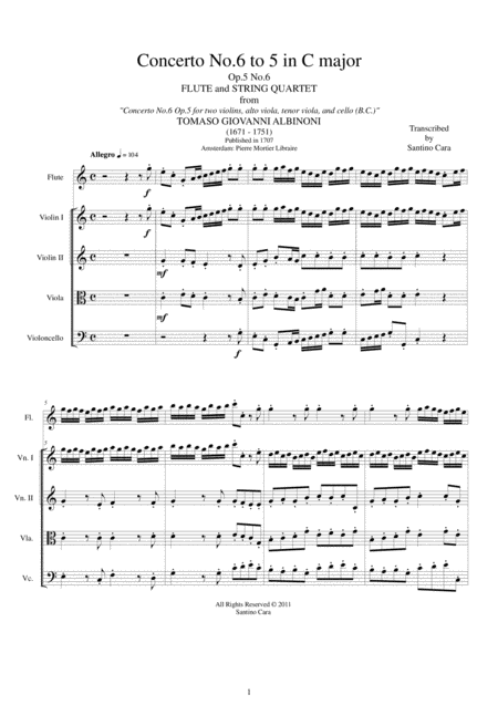 Albinoni Concerto No 6 To 5 In C Major Op 5 For Flute And String Quartet Sheet Music